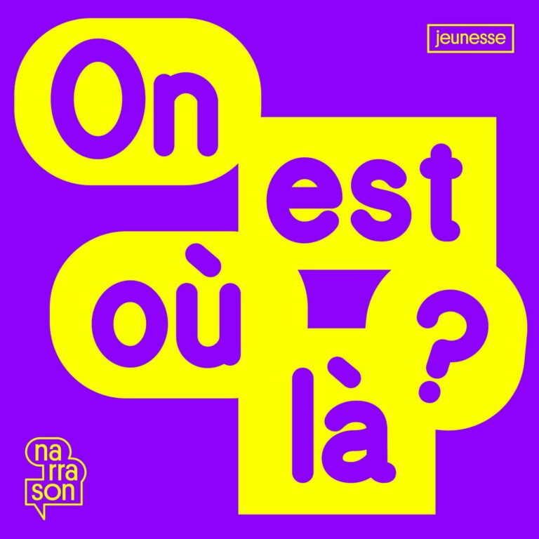 Cover du podcast On est où là ? : le titre en lettres violettes posées sur des pastilles jaunes, fond violet vif