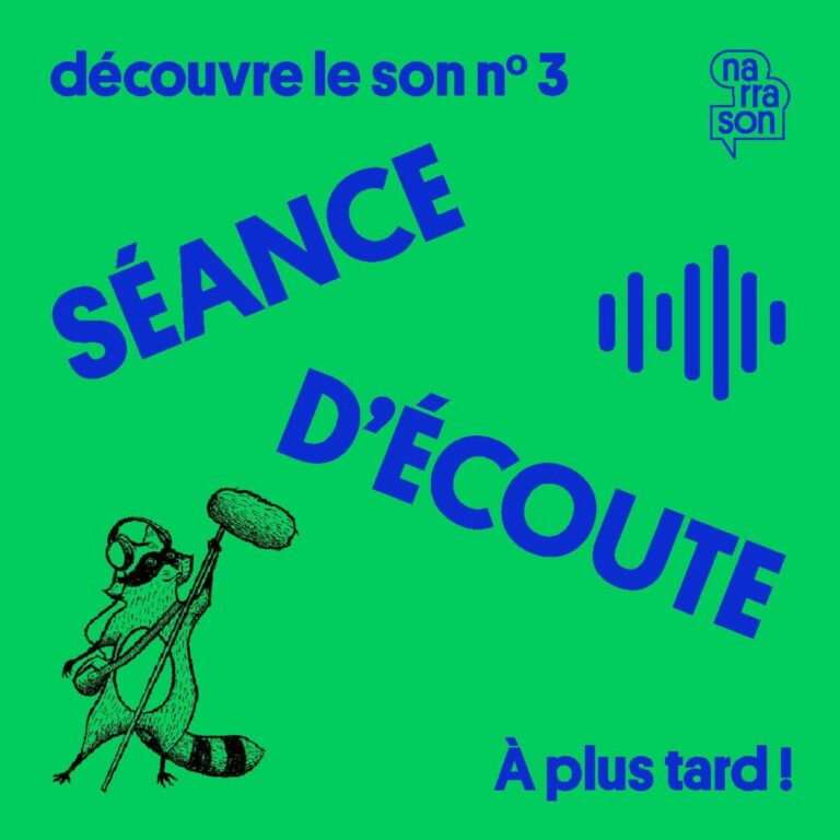 Cover de la séance d'écoute n° 3 : fond vert, illustration gravée, typo bleue en diagonale